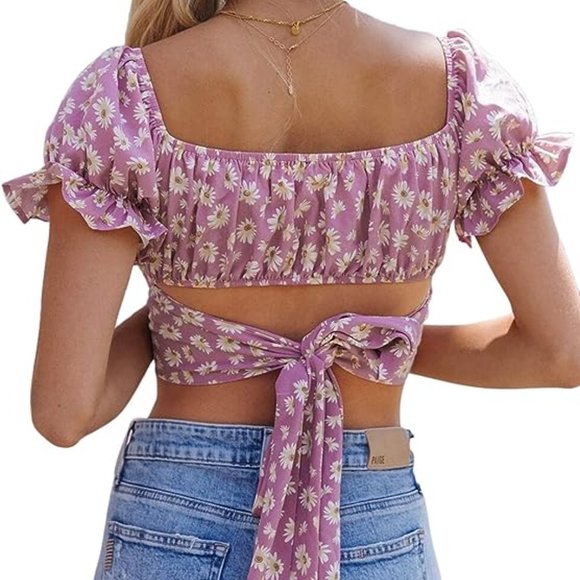 Cute Daisy Pink Sleeve Tie Up Back Crop Top - size Small - Picture 2 of 5